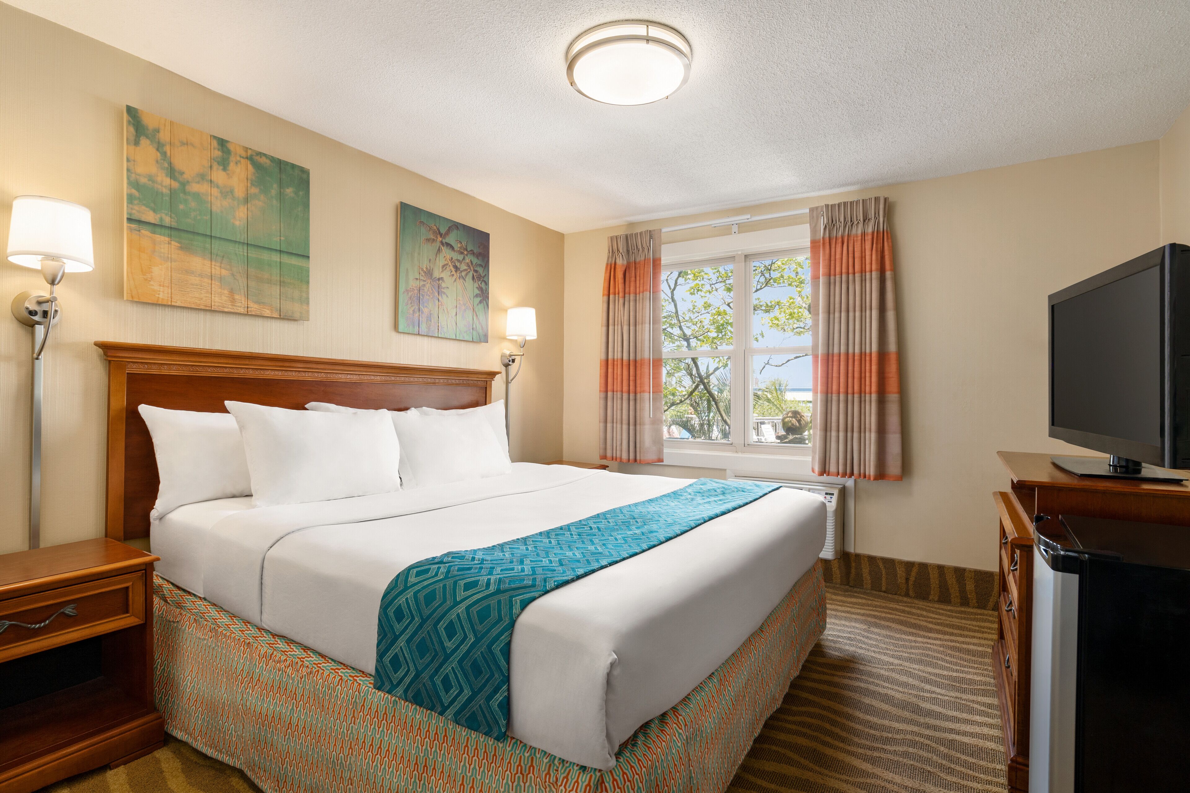 A hotel room with a large bed, a television, a window with curtains, and artwork on the walls.
