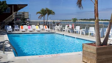 Seasonal outdoor pool, sun loungers
