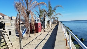 Une promenade en bord de mer bordée de palmiers, un bâtiment rouge et une structure bleue.
