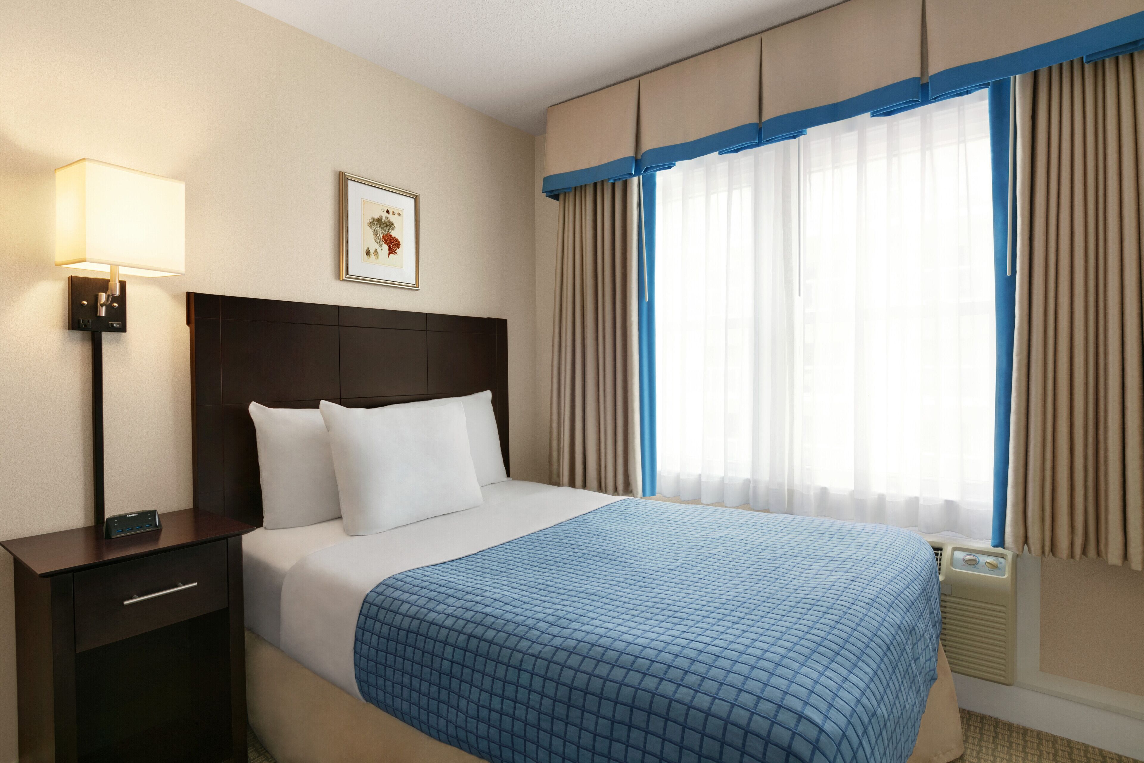 A hotel room with a bed, a nightstand, a lamp, a framed picture on the wall, and a window with curtains.