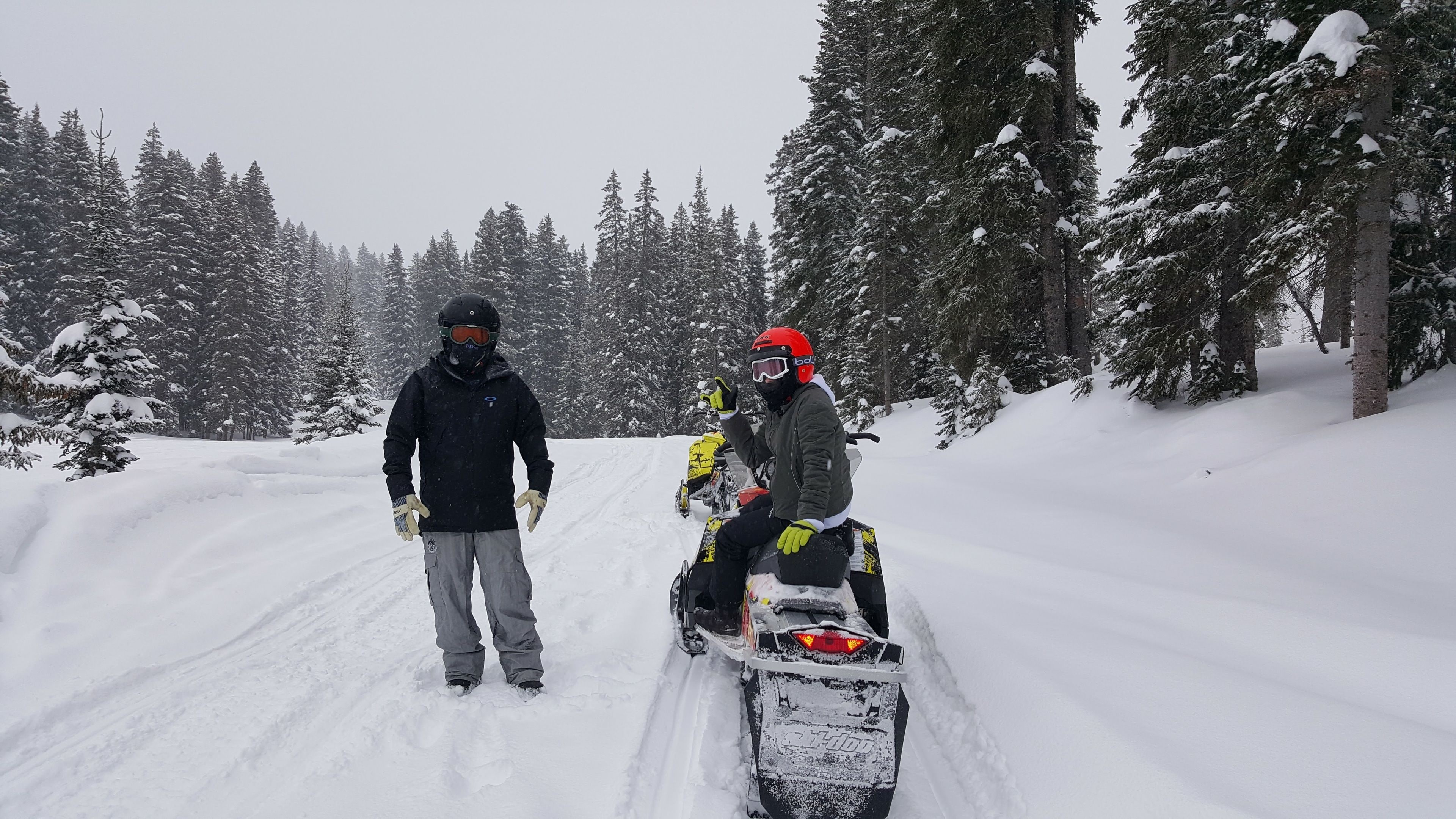 Two people on a snowmobile trail in a snowy forest.