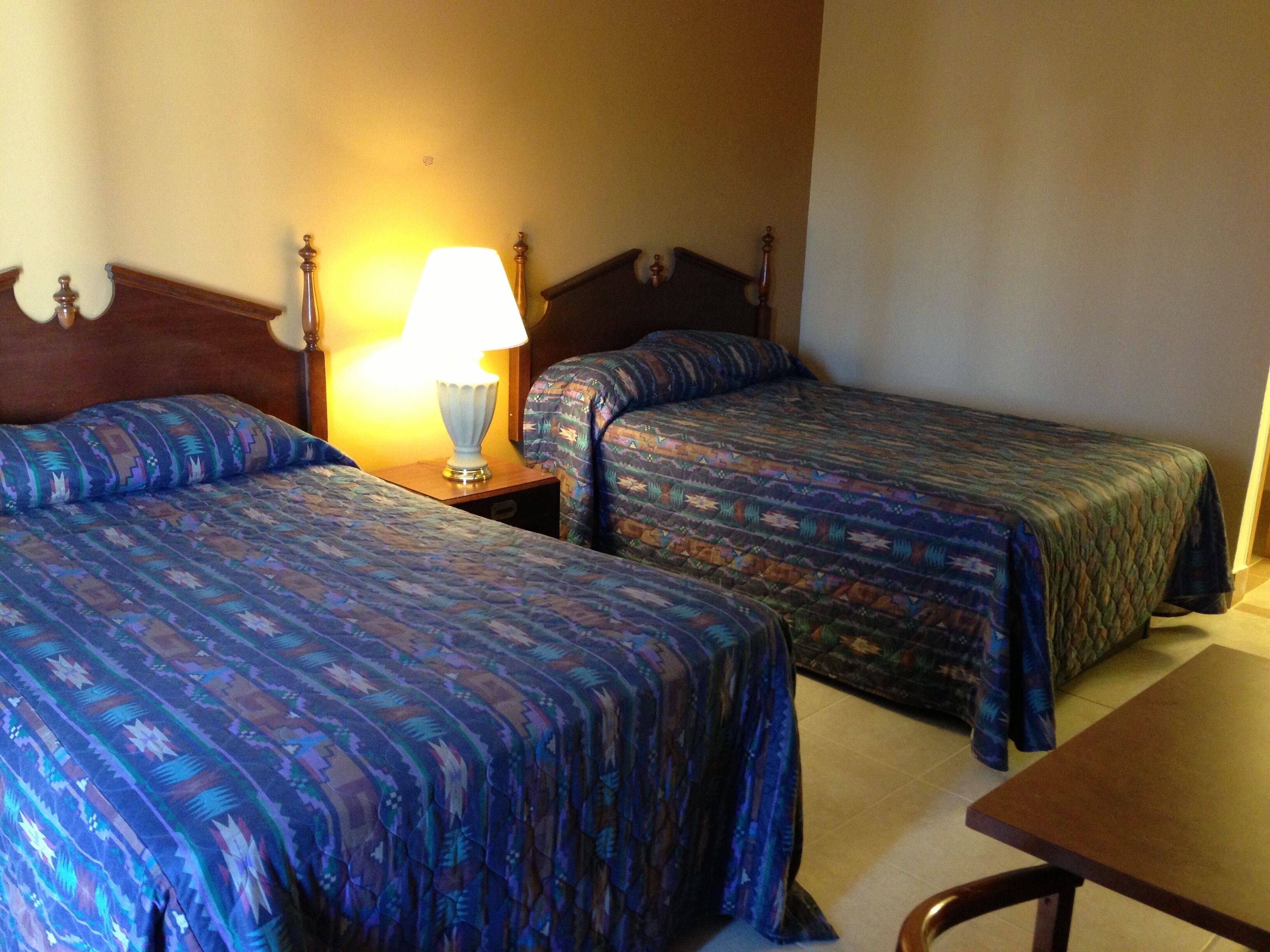 Dos camas individuales con ropa de cama estampada, una mesita de noche con lámpara y una mesita auxiliar de madera.