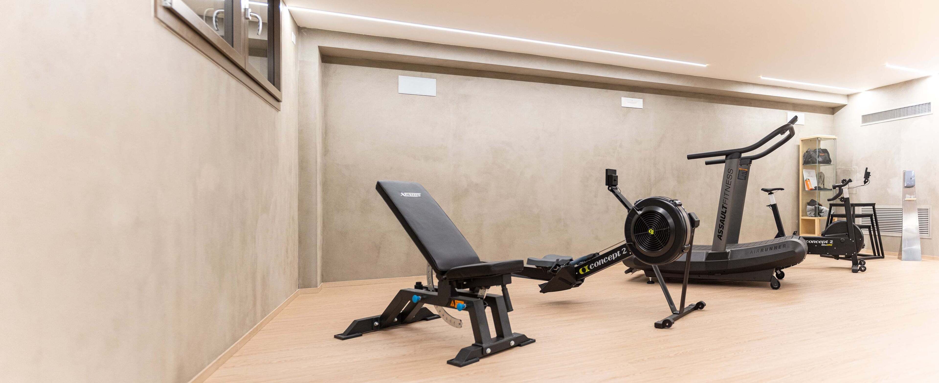 A gym with a bench, a stationary bike, and a treadmill.