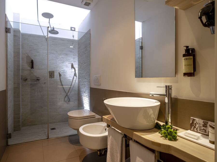 Un bagno moderno con doccia vetrata, un WC e un lavandino capiente con specchio sopra.