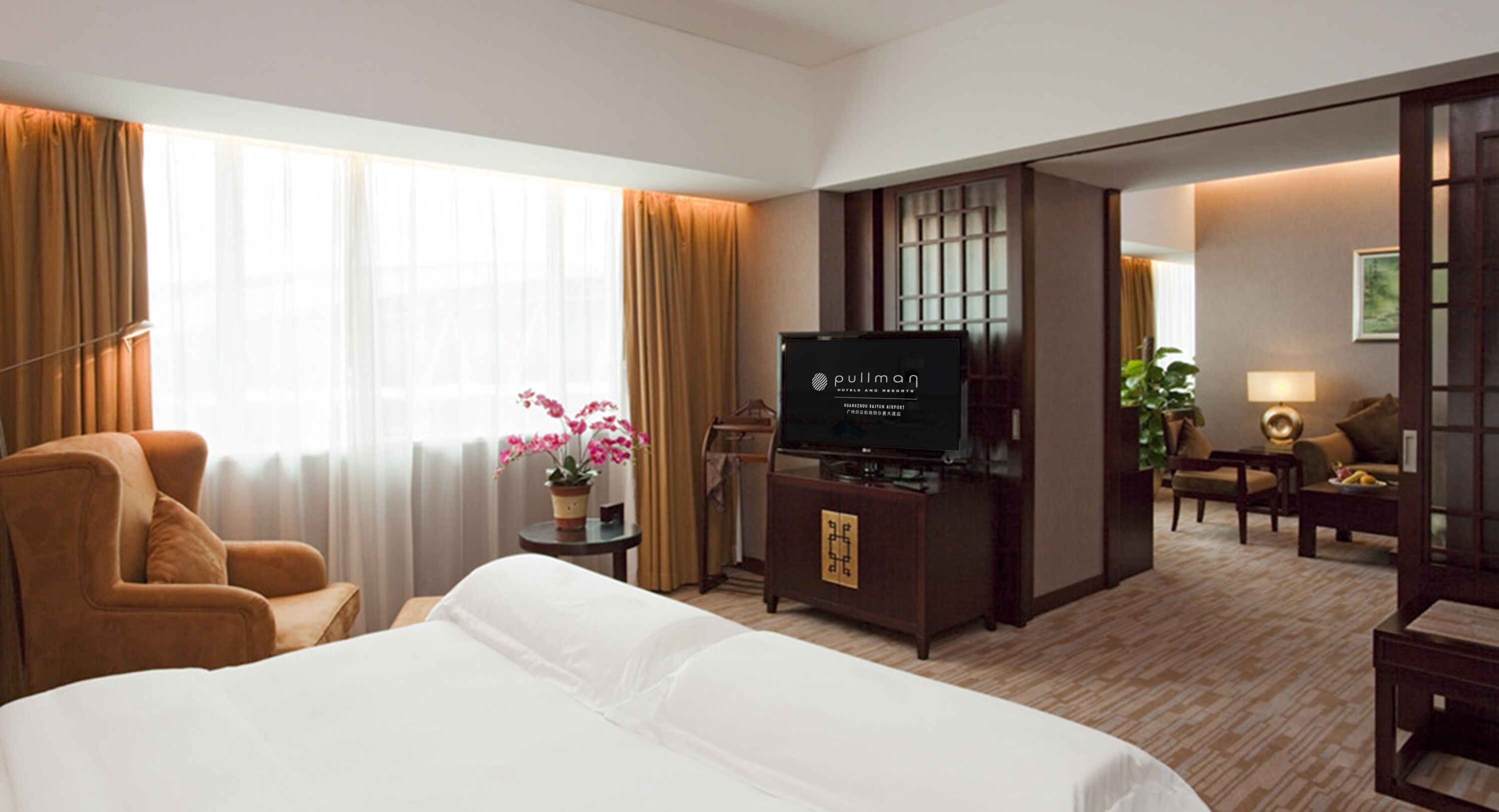 Een hotelkamer met een bed, een televisie, een bureau, een stoel en een potplant.