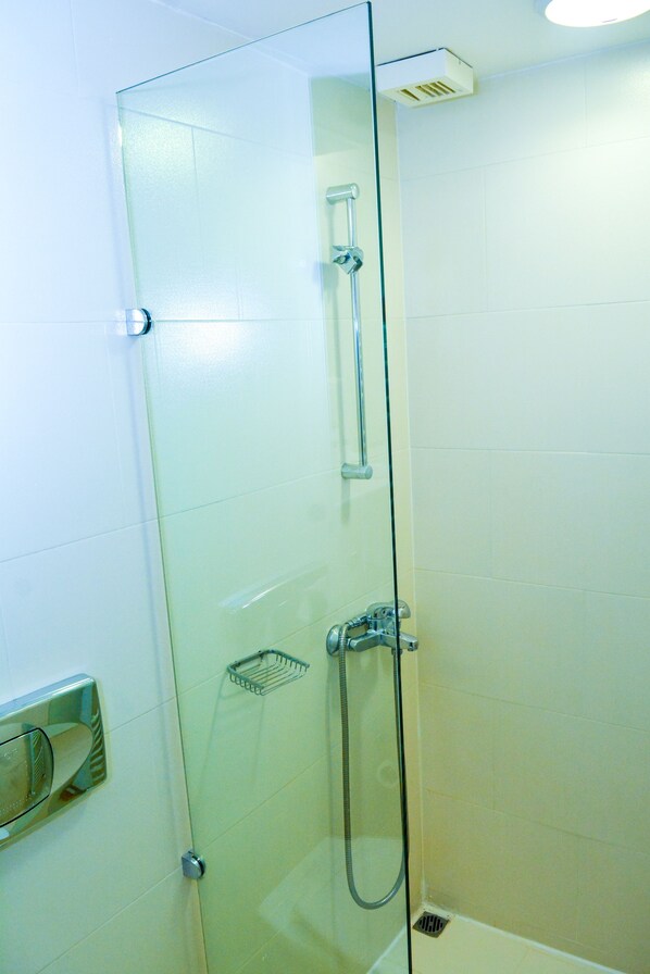 A glass-enclosed shower stall with a handheld showerhead, a wall-mounted towel rack, and a small metal tray.
