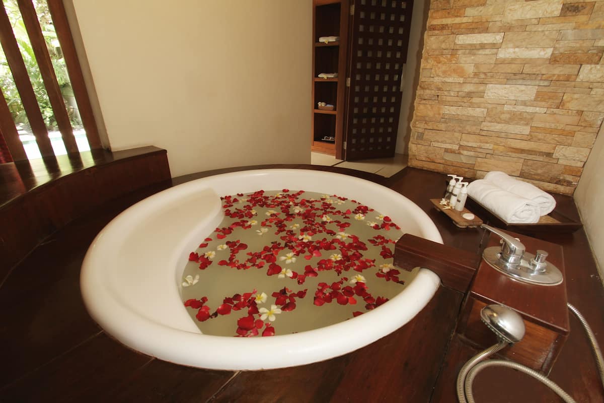 Separate bathtub and shower, free toiletries, hair dryer, bathrobes
