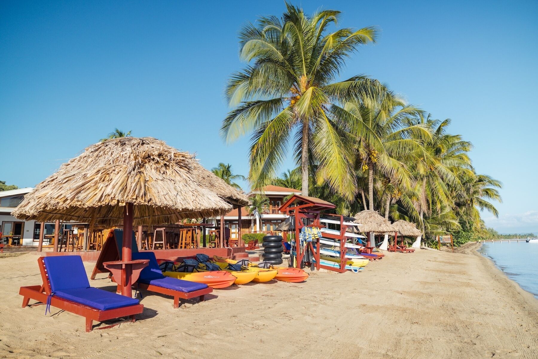 A beach with thatched-roof huts, colorful lounge chairs, and a row of palm trees.