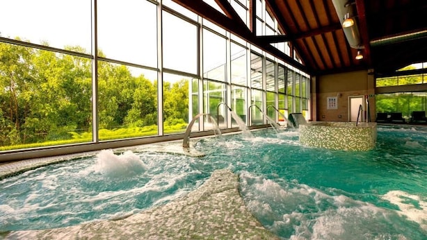 Un jacuzzi intérieur offrant une vue dégagée sur une forêt grâce à de grandes fenêtres.