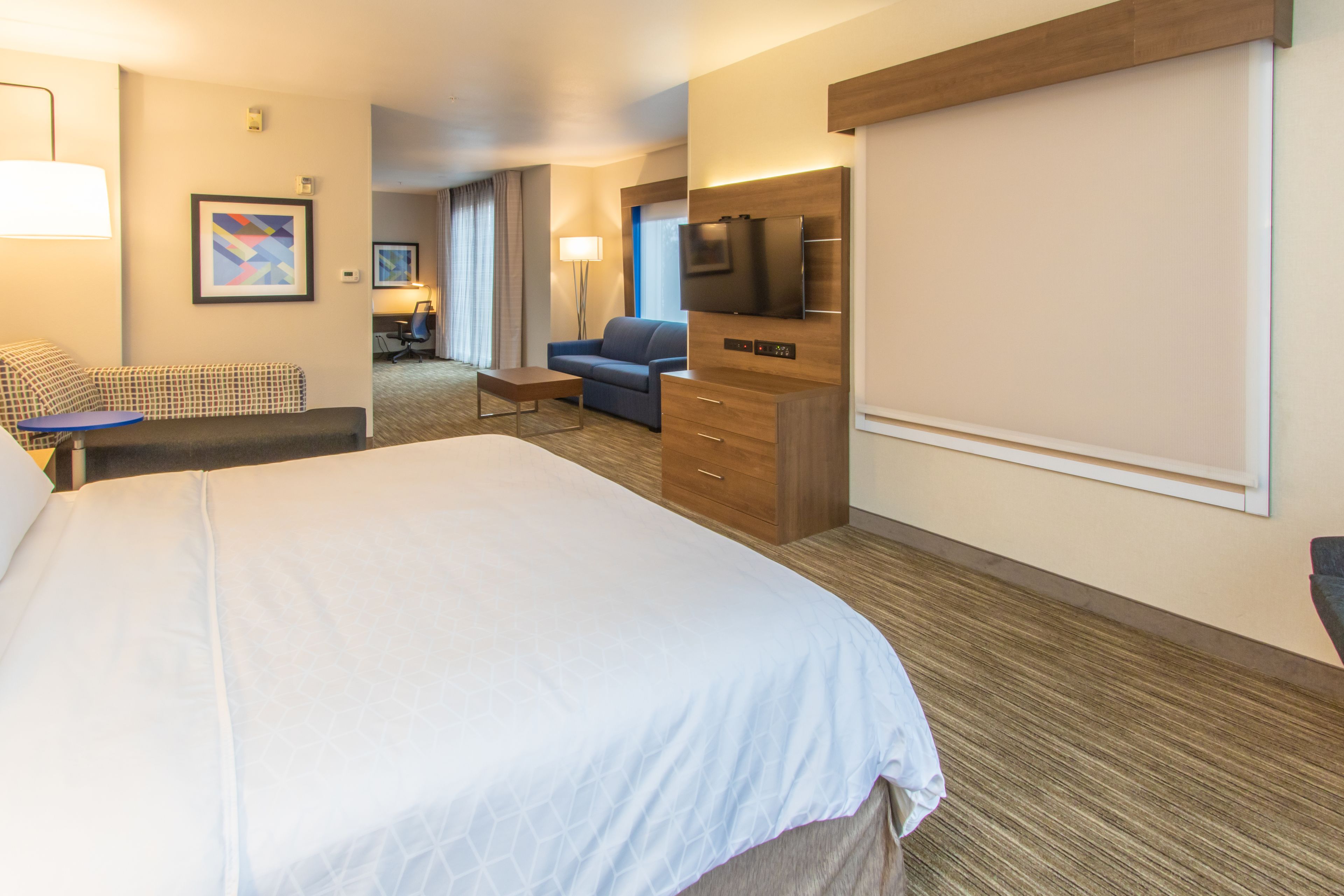 A hotel room with a large bed, a desk, a sofa, a TV, and a flat-screen TV mounted on the wall.