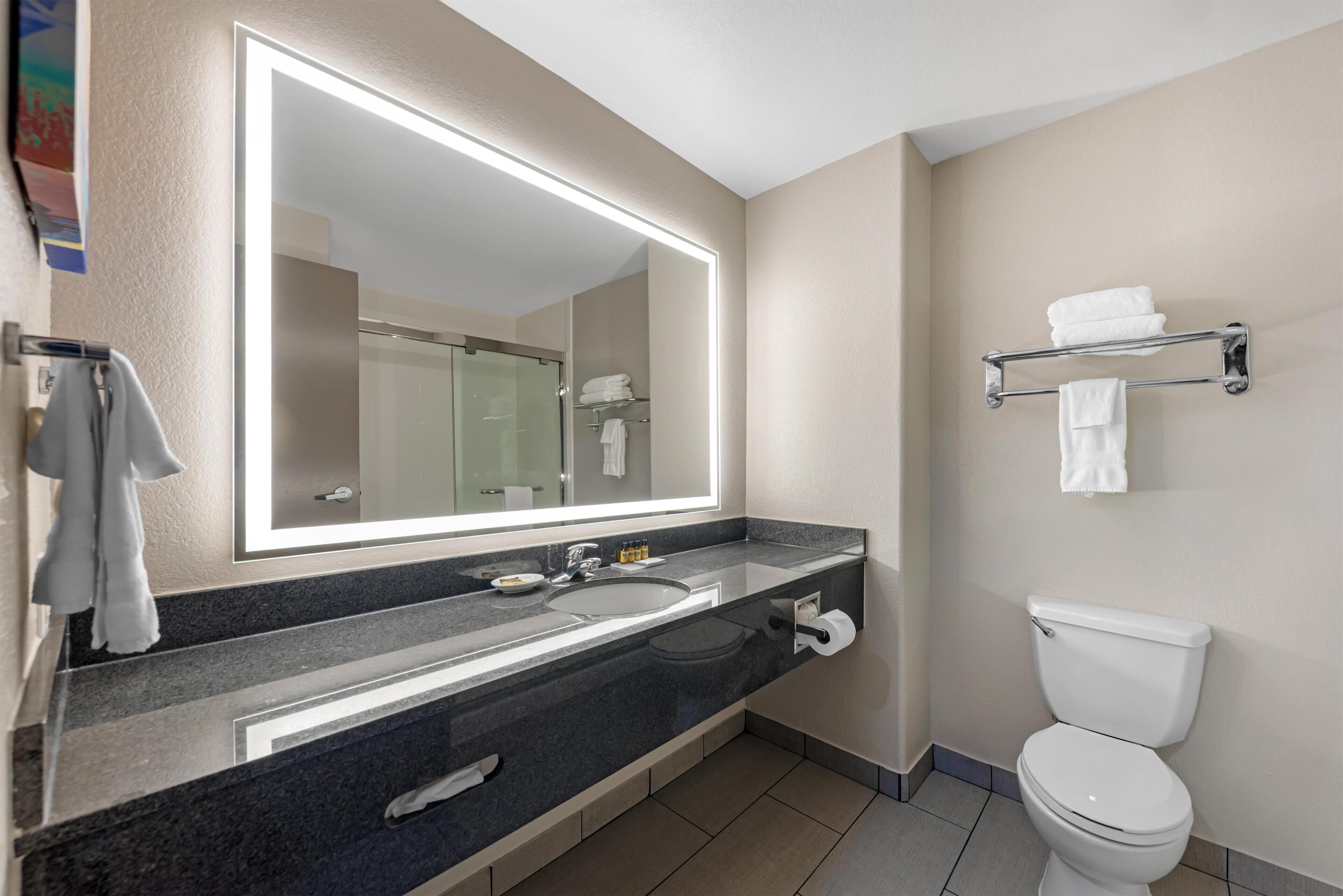 A modern bathroom with a large mirror, a sink, a toilet, and a towel rack.