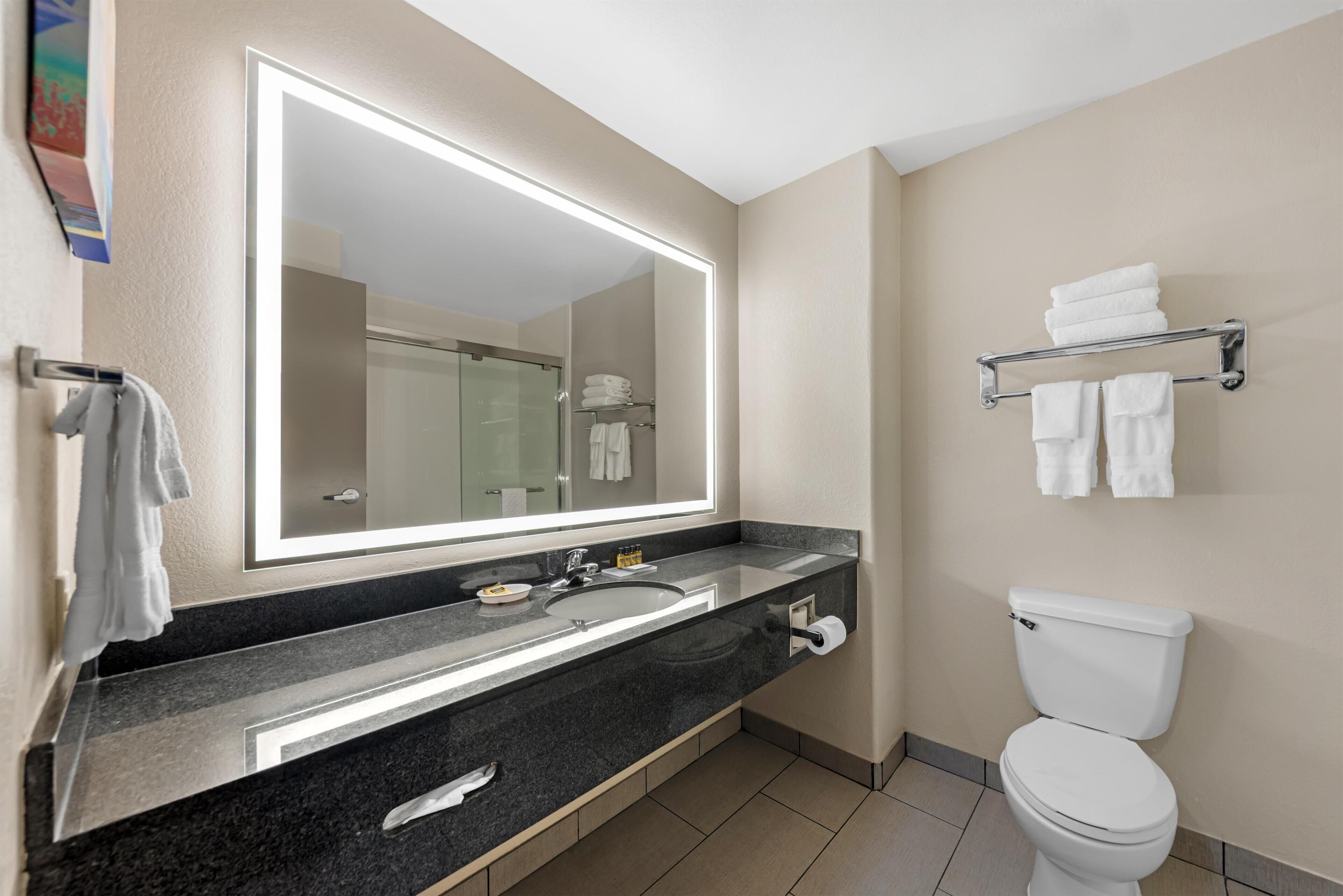 A modern bathroom with a large mirror, a sink, a toilet, and a towel rack.