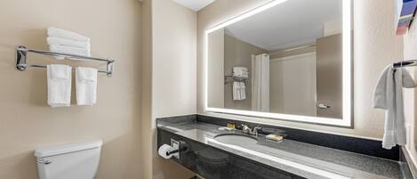 Un baño moderno con inodoro, lavamanos y un espejo grande.