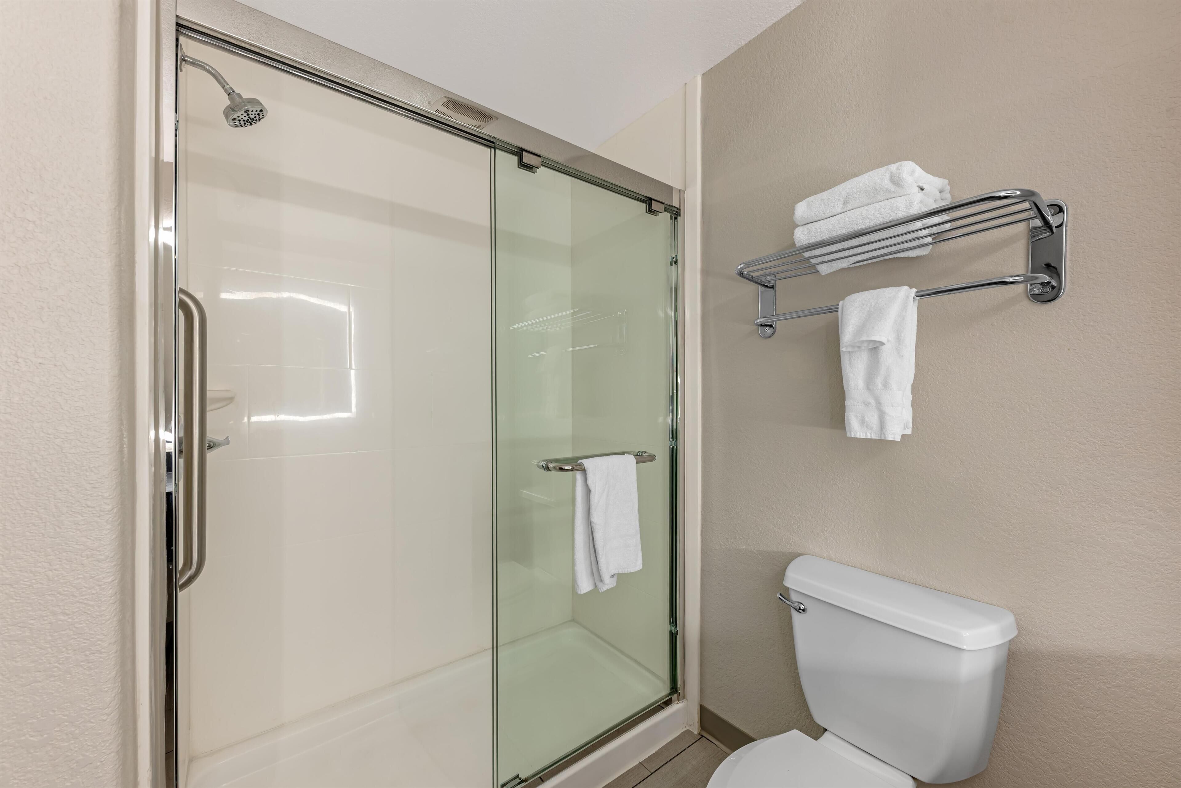 A modern bathroom with a glass-enclosed shower, a toilet, and a towel rack with folded towels.