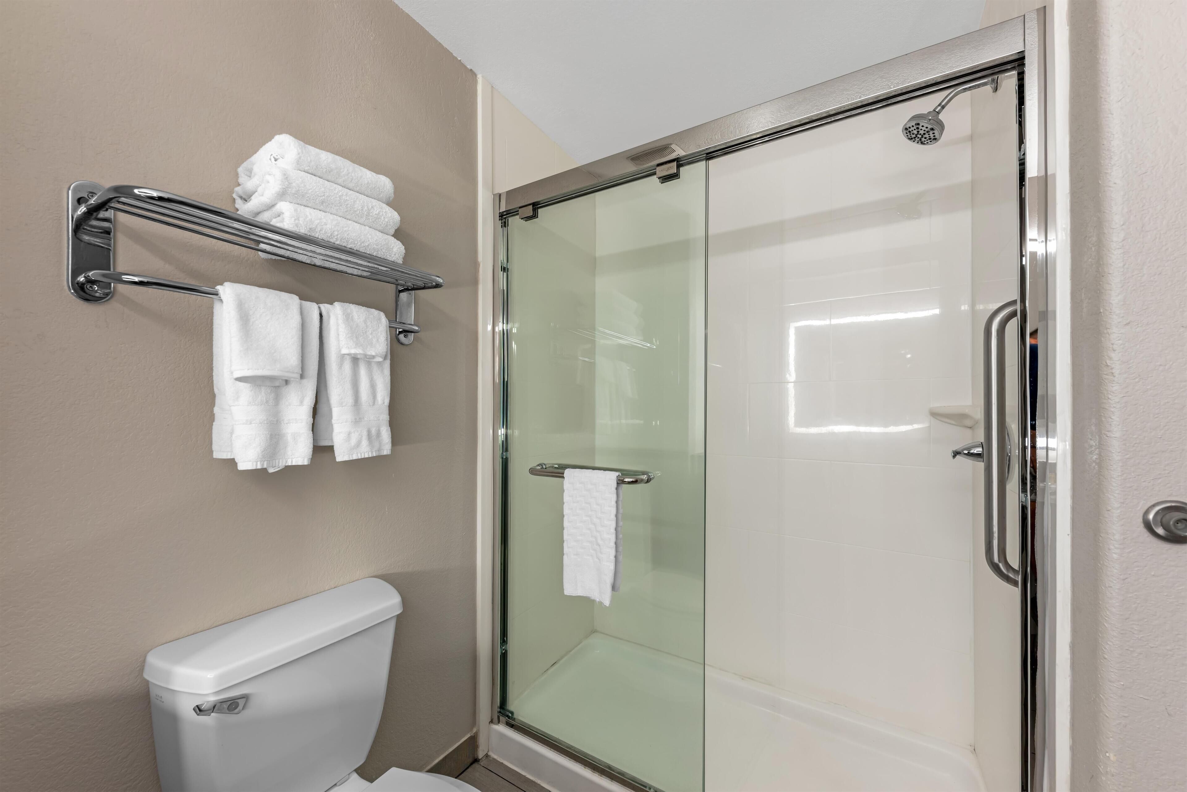 A bathroom with a glass-enclosed shower, a toilet, and a towel rack with folded towels.