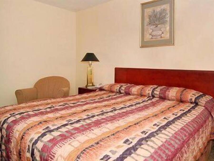 Habitació d'hotel amb un llit, una cadira, una tauleta de nit, una làmpada i un quadre al mur.