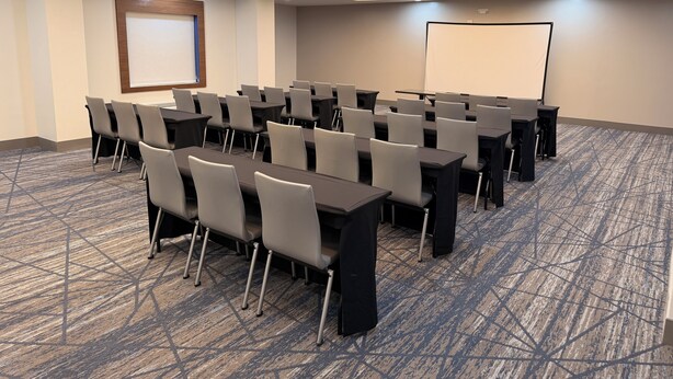 Une salle de conférence équipée de tables, de chaises, d’un écran de projection et d’un sol recouvert de moquette.