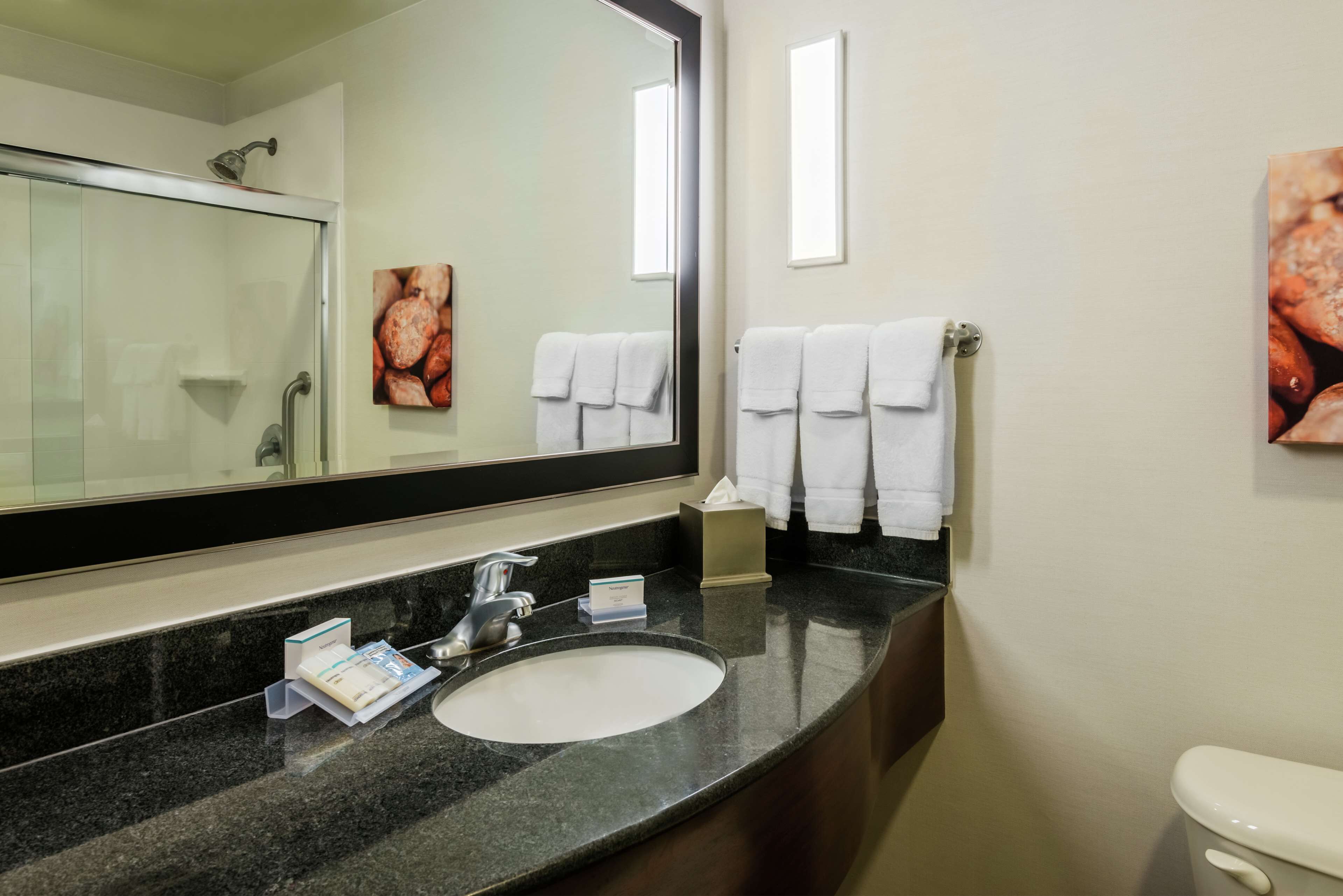 A bathroom with a large mirror, a sink, a towel rack, and a toilet.