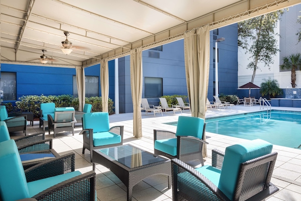 Outdoor pool, pool umbrellas, pool loungers