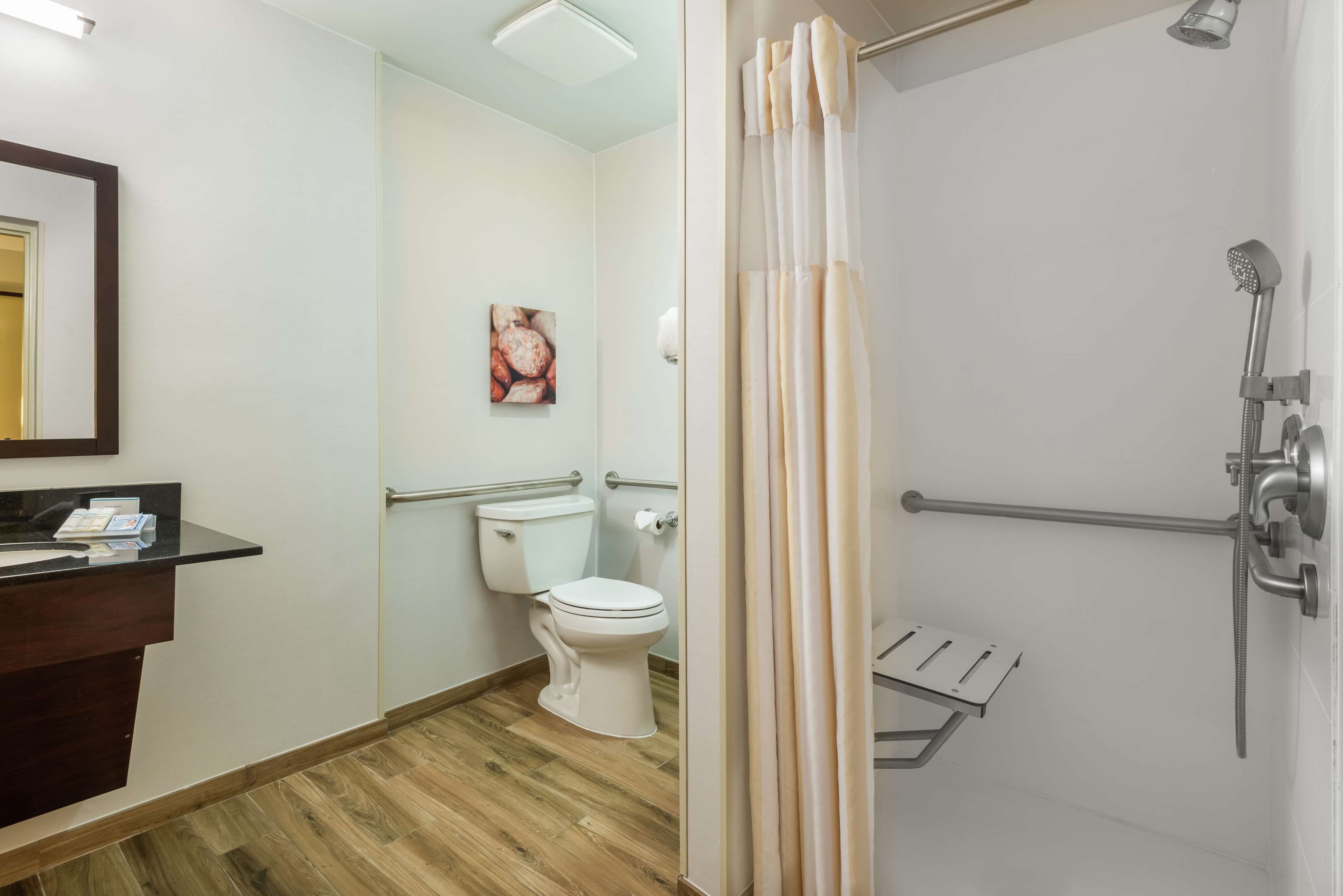 Une salle de bain avec un plancher en bois, des toilettes blanches, une douche avec un pommeau de douche amovible et un miroir avec un cadre foncé.