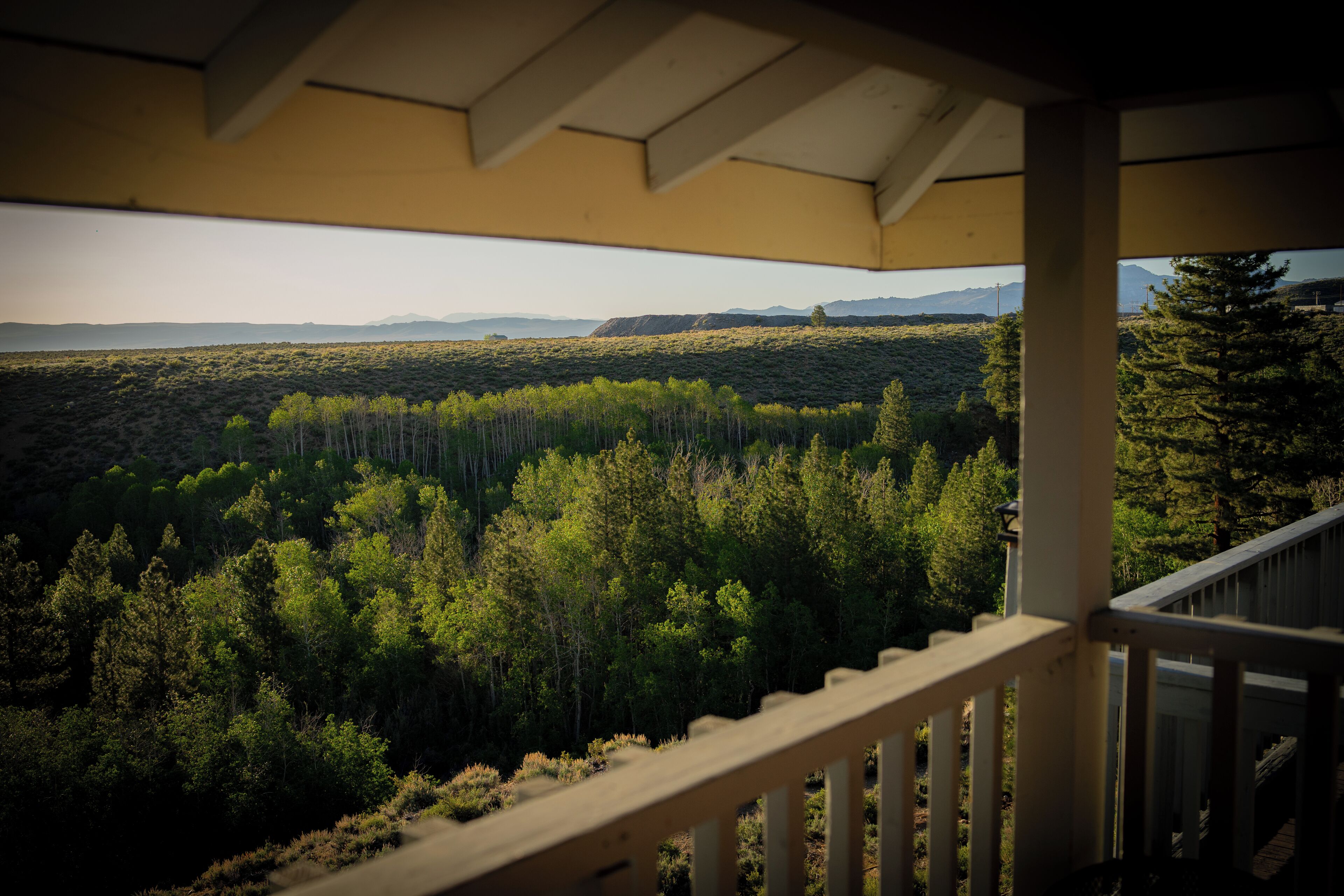 Une vue depuis un porche abrité, donnant sur un paysage boisé avec des montagnes à l’horizon.
