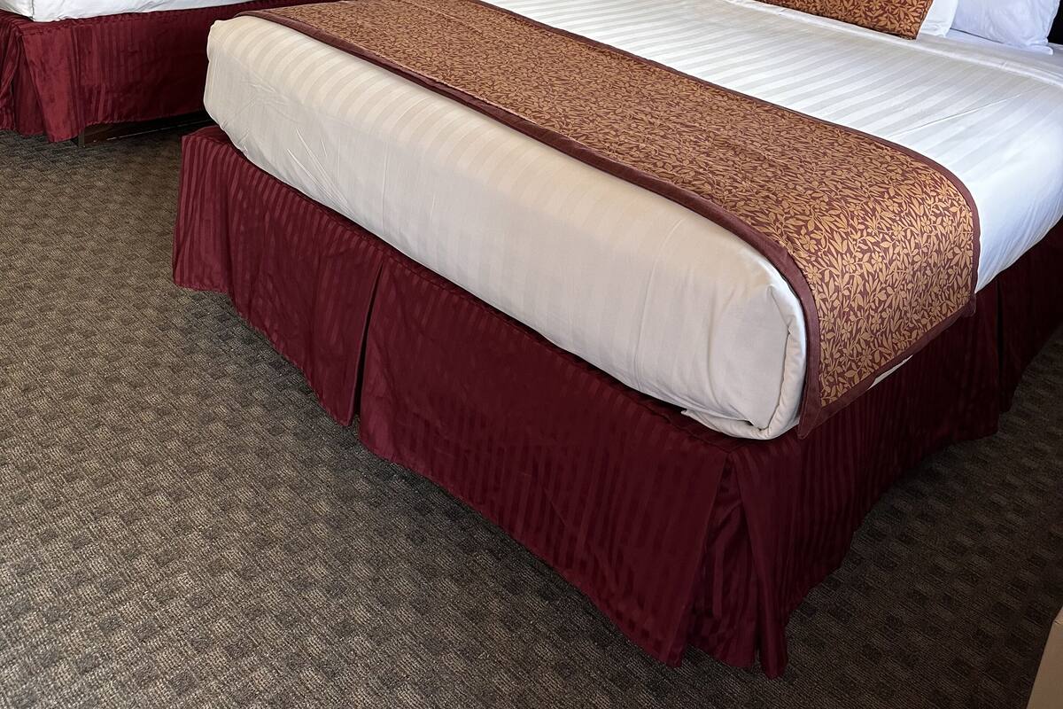 Habitación de hotel con dos camas, cada una con cubrecama marrón, sábanas blancas y falda roja. Hay una mesita de noche con lámpara entre las camas, y un cuadro en la pared sobre ellas.