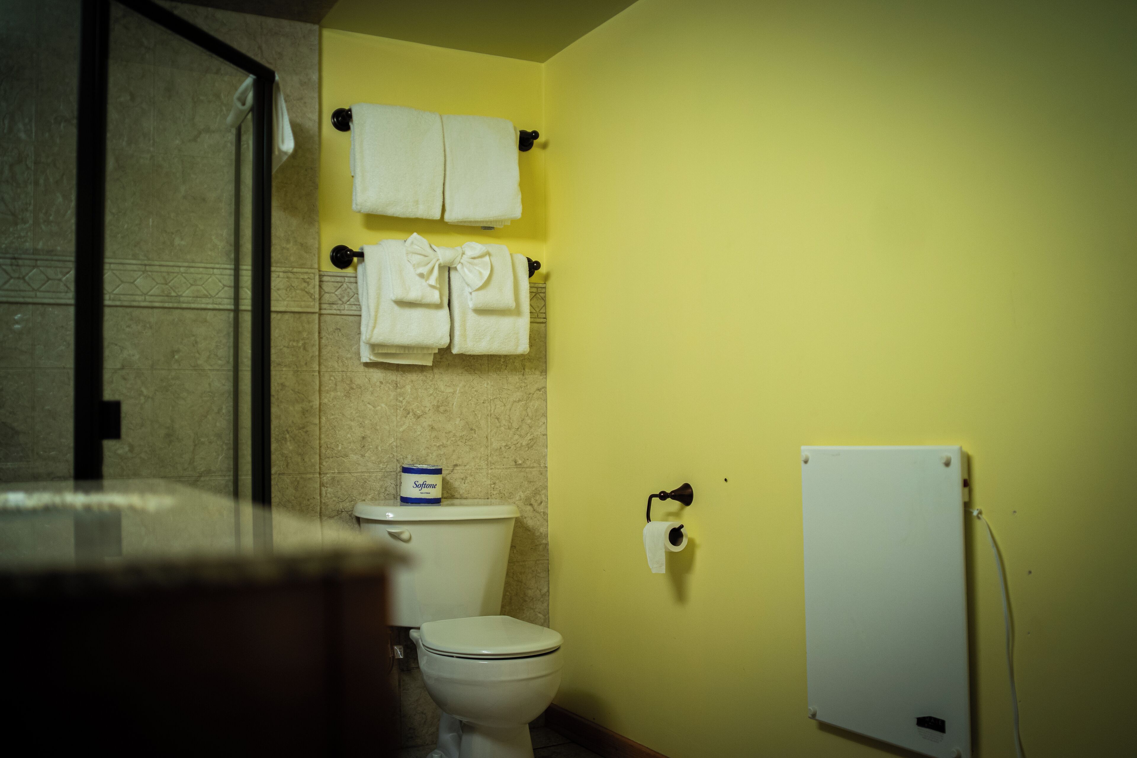 Un bagno con il water, un porta asciugamani con due asciugamani, un portasciotto e una presa elettrica sulla parete.