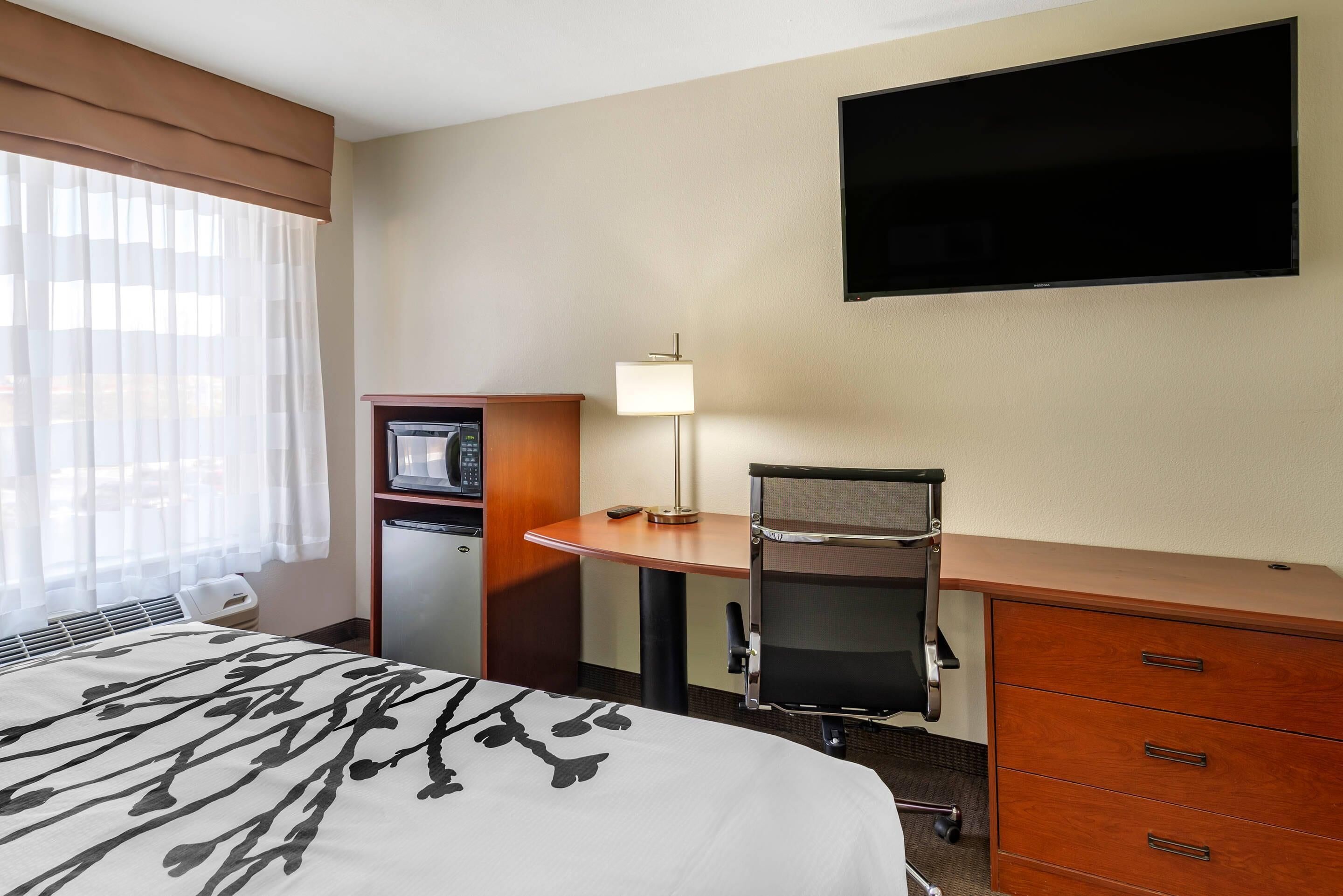 A hotel room with a bed, a desk with a chair, a television, a microwave, and a refrigerator.