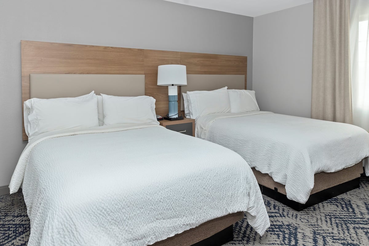 Una habitación de hotel con dos camas, una mesita de noche con lámpara y una alfombra estampada.