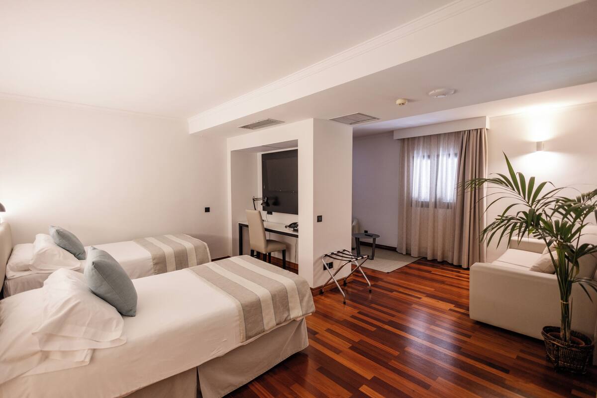 A hotel room with two beds, a desk, a chair, a plant, and a sofa.