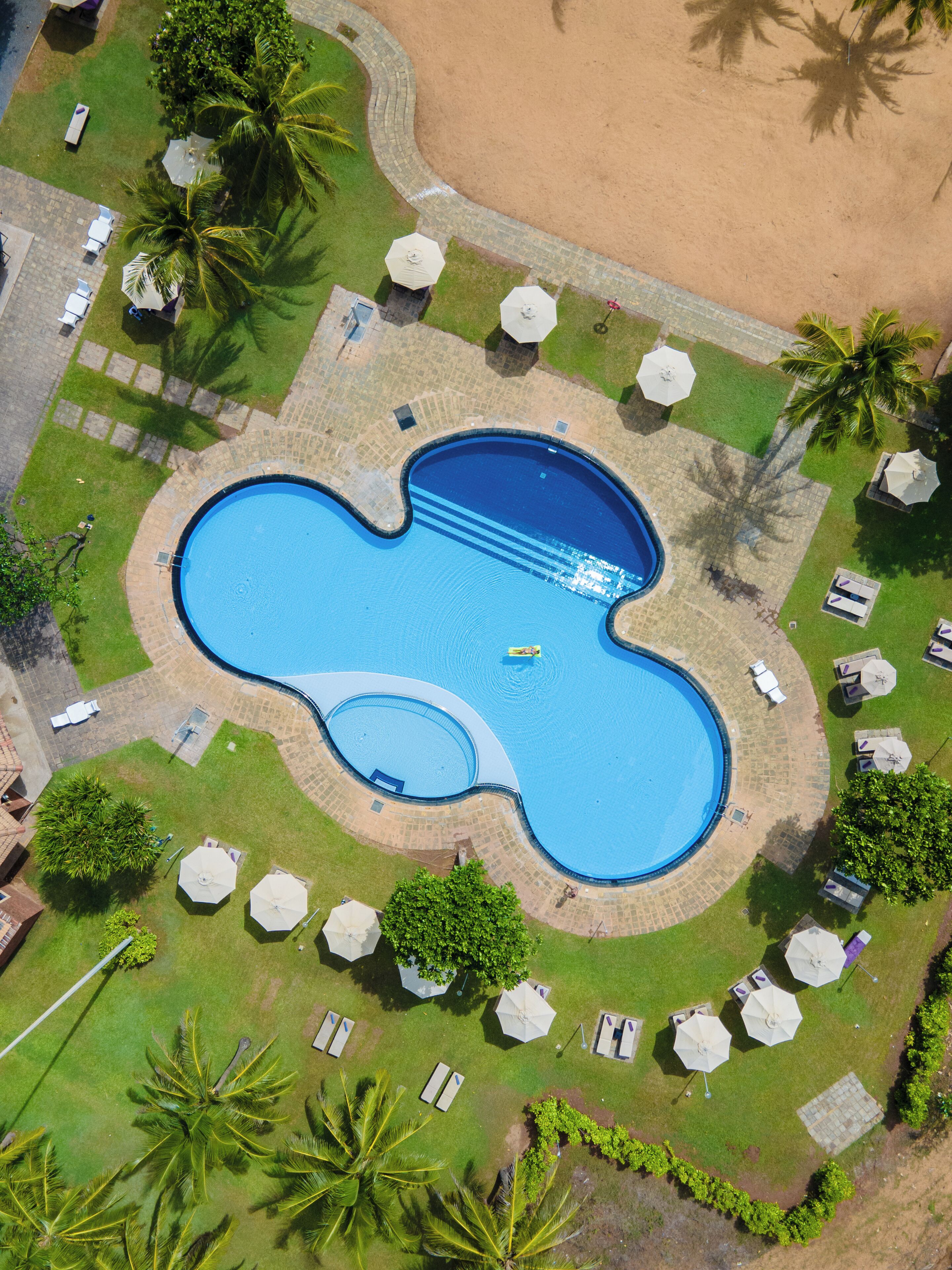 Vue aérienne d’une piscine à la forme originale, entourée de palmiers, de chaises longues et de parasols.