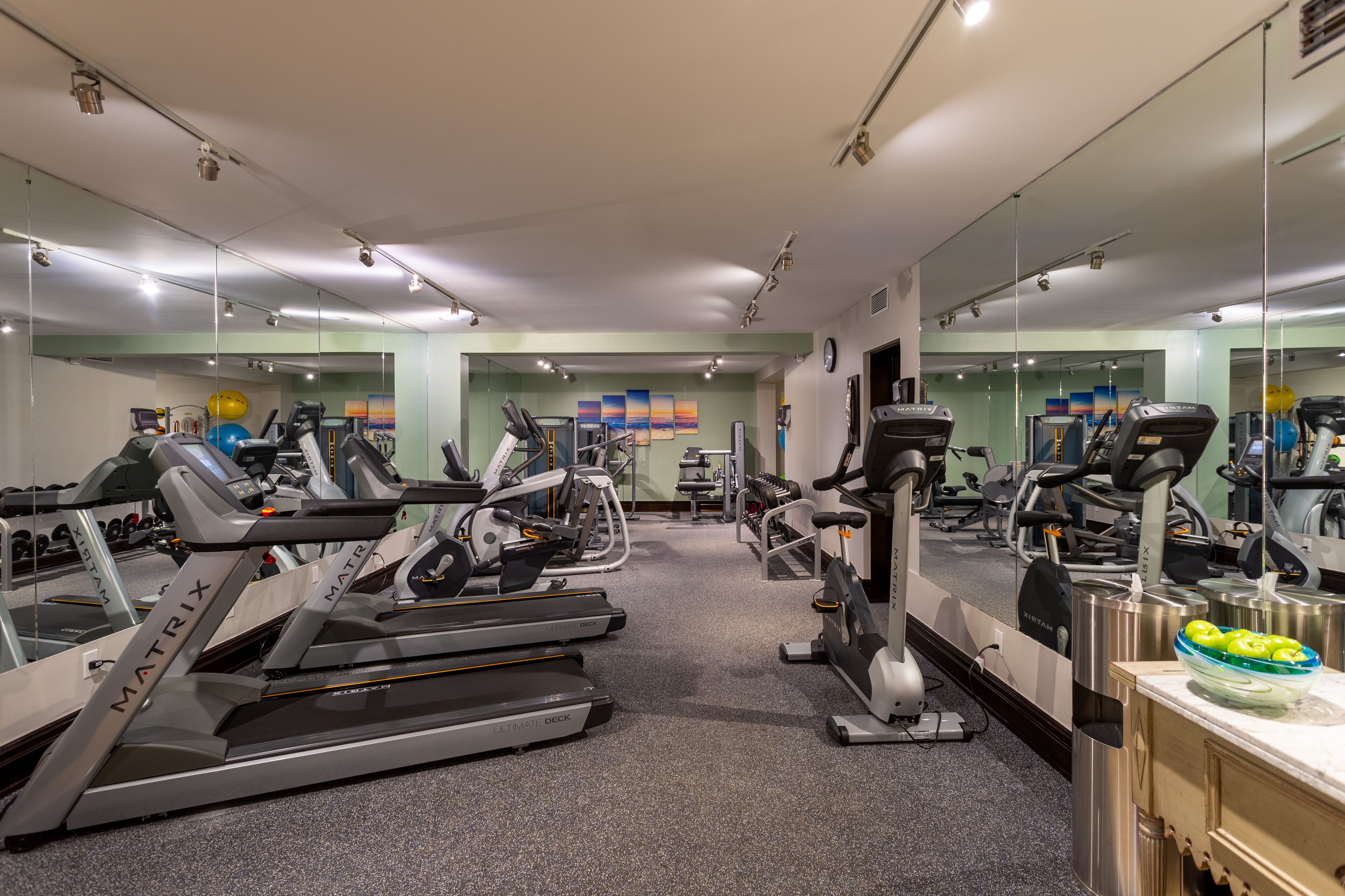 Ein Fitnessstudio mit Laufbändern, Crosstrainern und Gewichten.