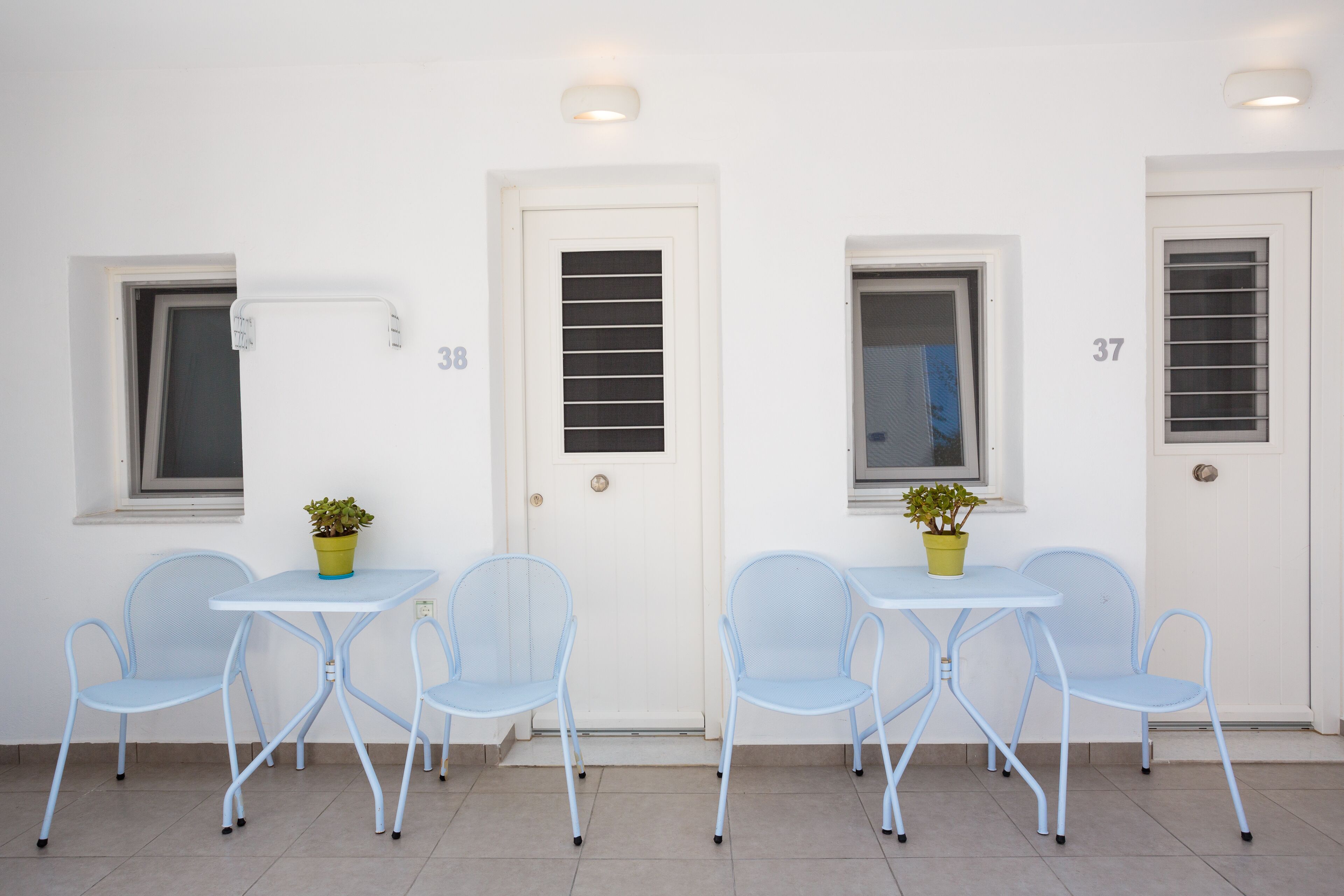 A clean, minimalist room with two doors, numbered 37 and 38, each with a window. There are two tables with chairs, and each table has a potted plant.