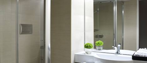 A modern bathroom with a glass shower enclosure, a white sink, and a large mirror.
