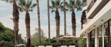 Seasonal outdoor pool, pool umbrellas, sun loungers