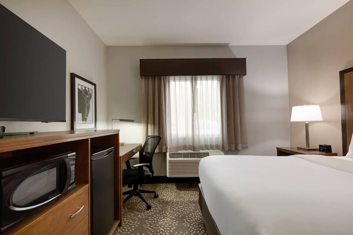 Une chambre d’hôtel comprenant un lit, un bureau avec une chaise, un four à micro-ondes, un réfrigérateur, une télévision, une fenêtre avec des rideaux et une lampe de chevet.