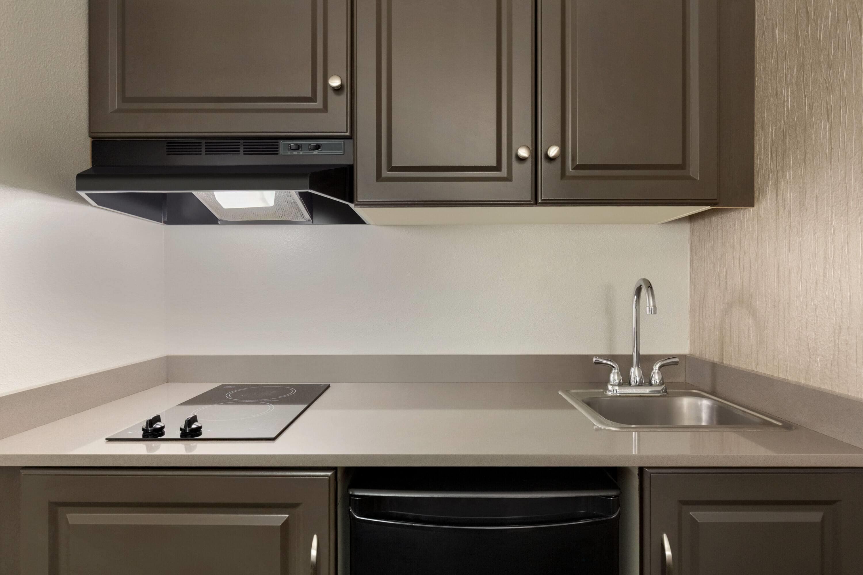 A modern kitchen with built-in cabinets, a stainless steel sink, and a dishwasher.