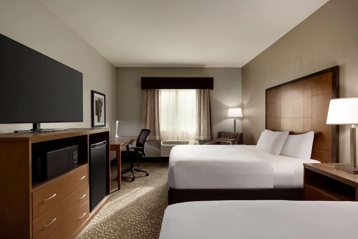 Une chambre d’hôtel avec deux lits, un bureau avec une chaise, une télévision, un four à micro-ondes et une lampe de bureau.