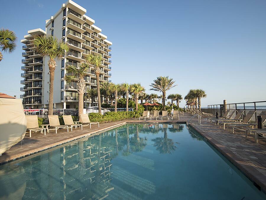 Outdoor pool, pool umbrellas, pool loungers