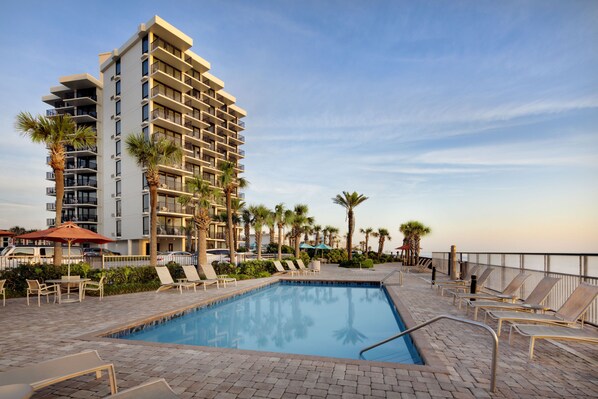 Outdoor pool, pool umbrellas, pool loungers