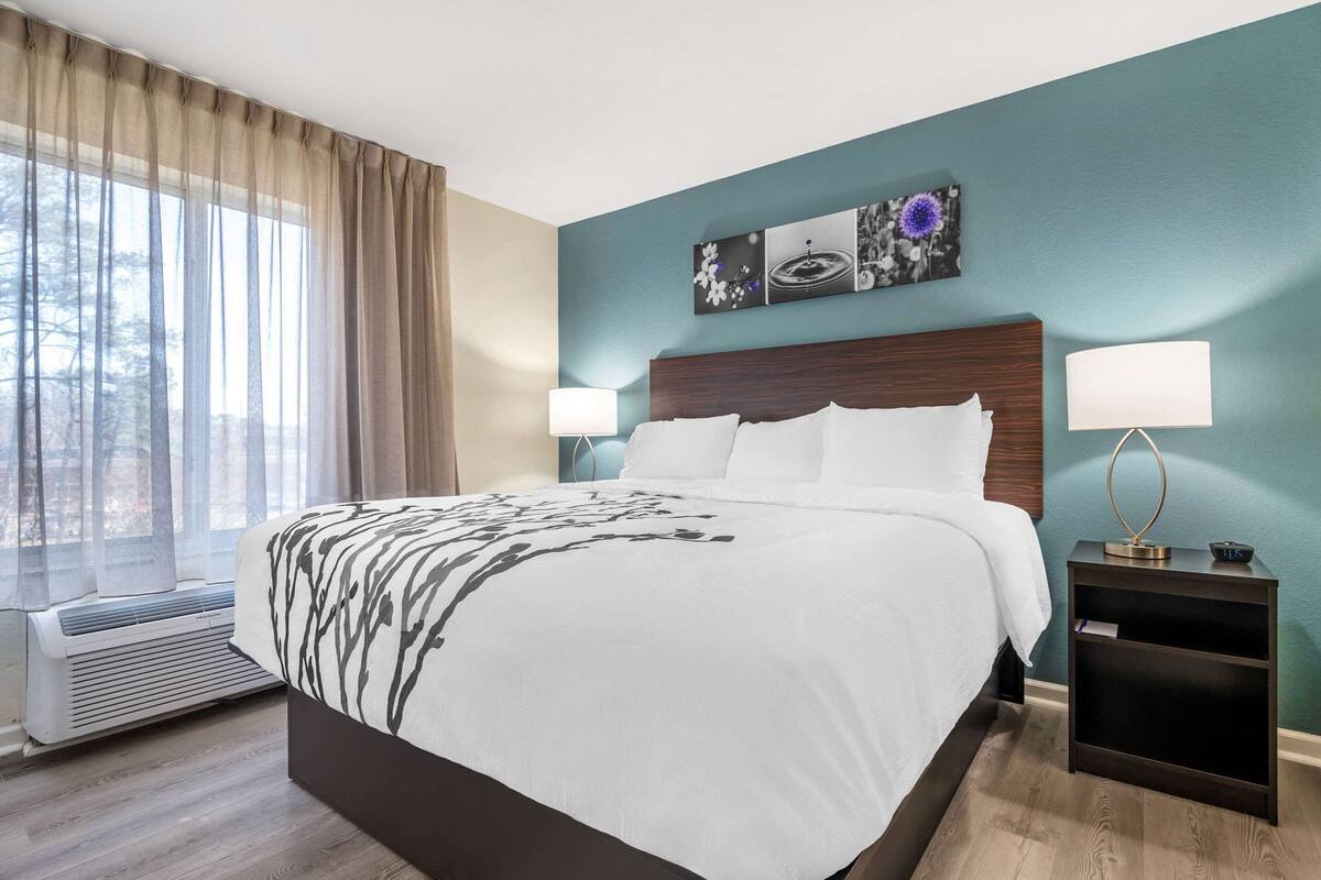 Une chambre d’hôtel moderne dotée d’un grand lit, de la climatisation, de deux tables de chevet avec des lampes et d’une fenêtre avec des rideaux légers.