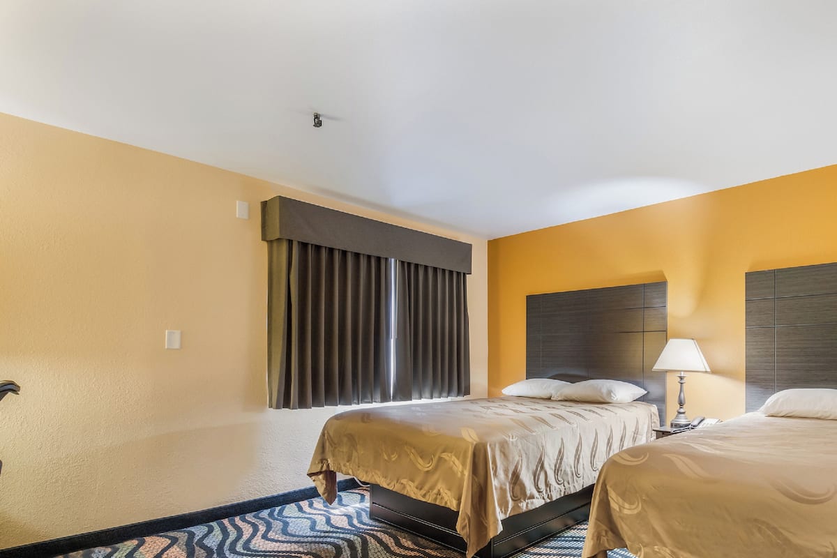 A hotel room with two beds, a patterned rug, a lamp, and a window with curtains.