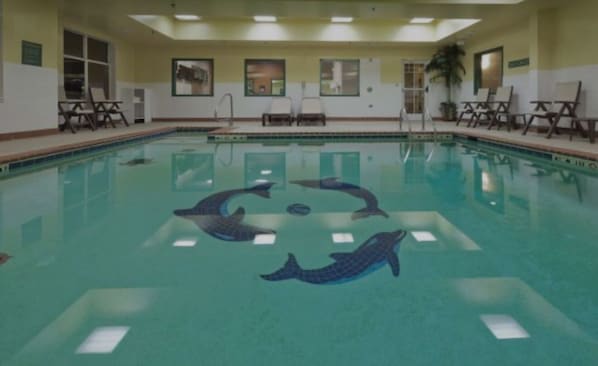 An indoor swimming pool with dolphin tile patterns, lounge chairs, and a ceiling with recessed lighting.