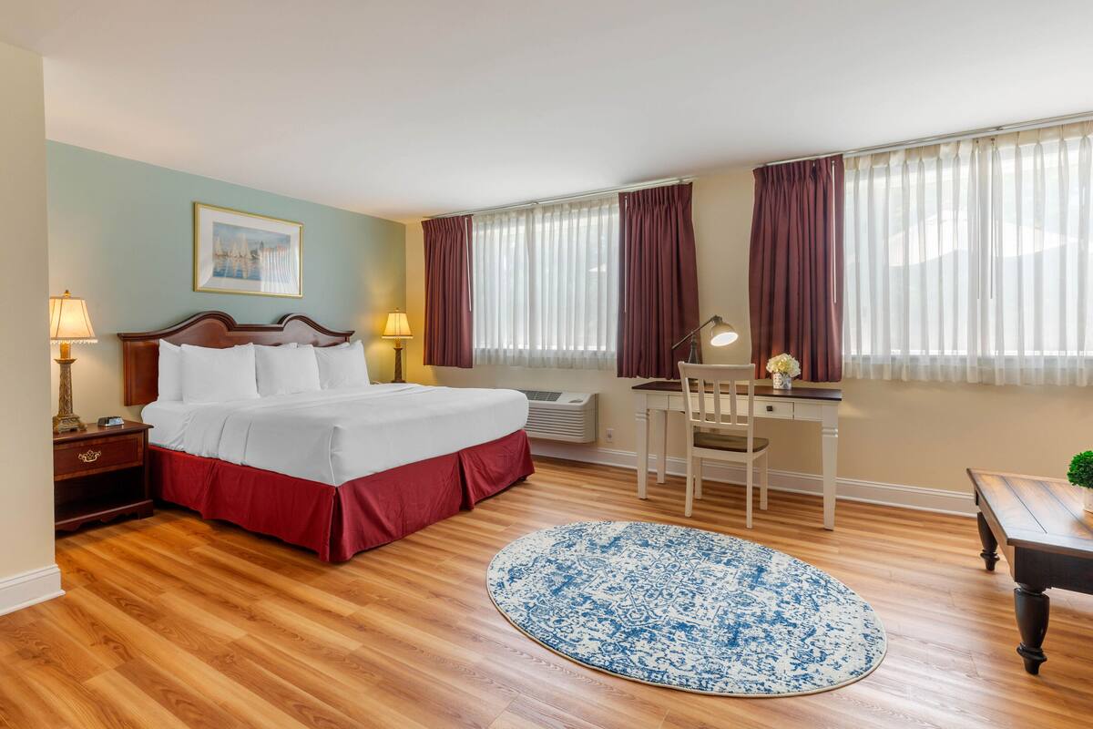 A hotel room with a bed, desk, chair, and a round rug.