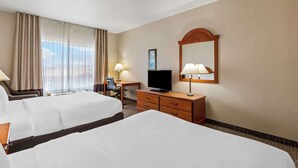 A hotel room with two beds, a desk, a television, and a large mirror.