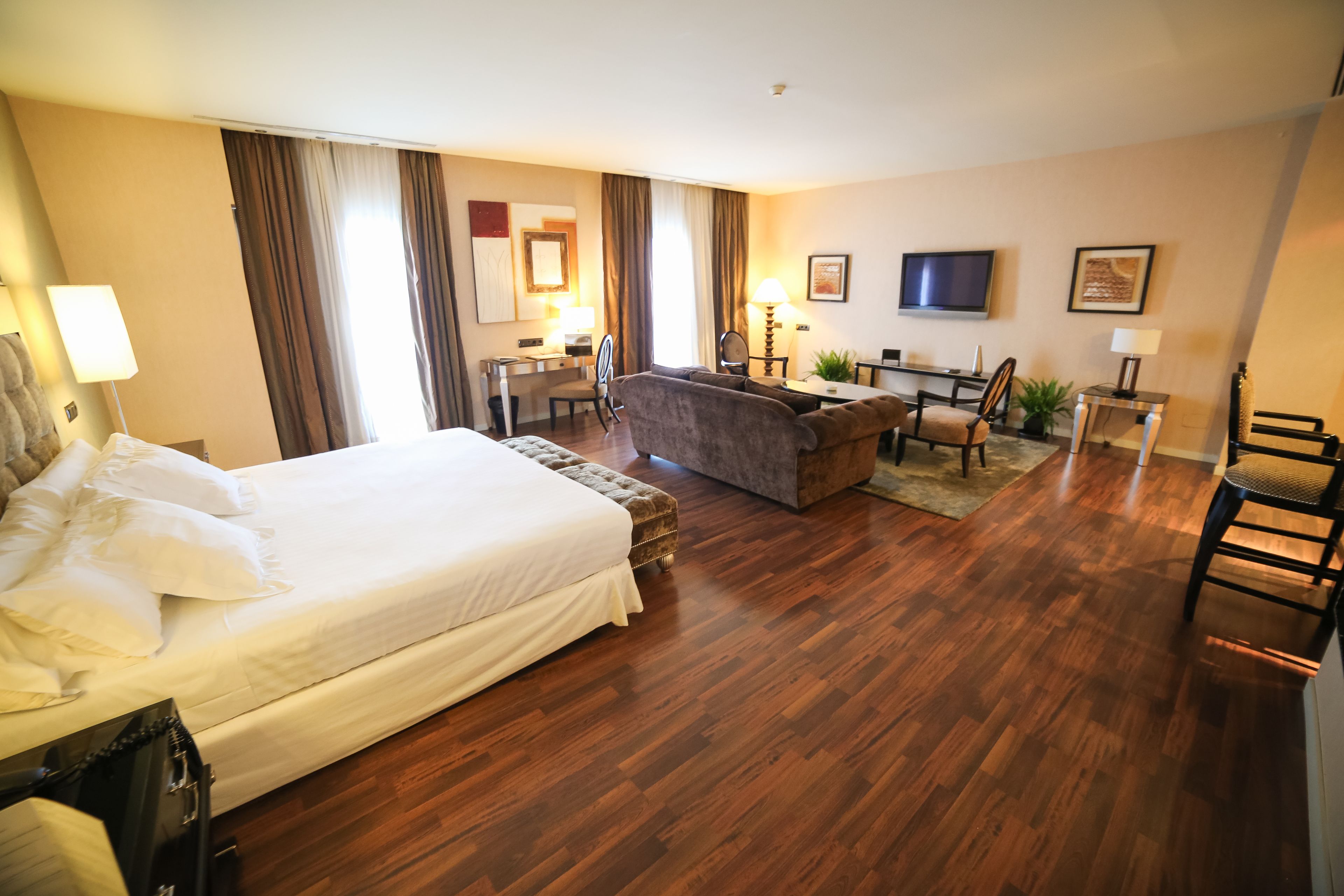 A hotel room with a large bed, a sofa, a desk, and a TV.