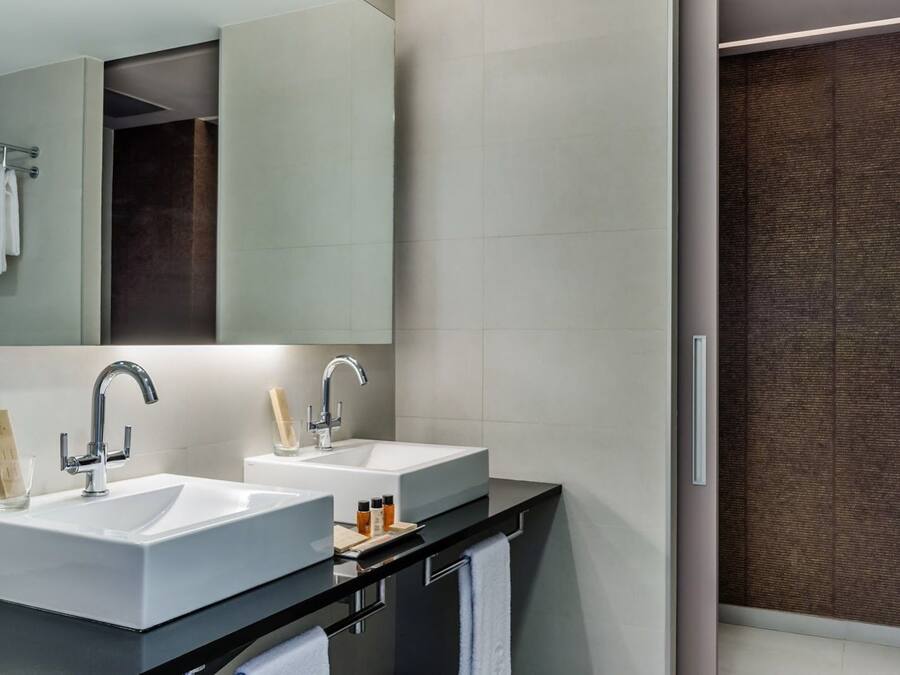 Une salle de bain moderne avec deux lavabos, un grand miroir et une douche à l’italienne.