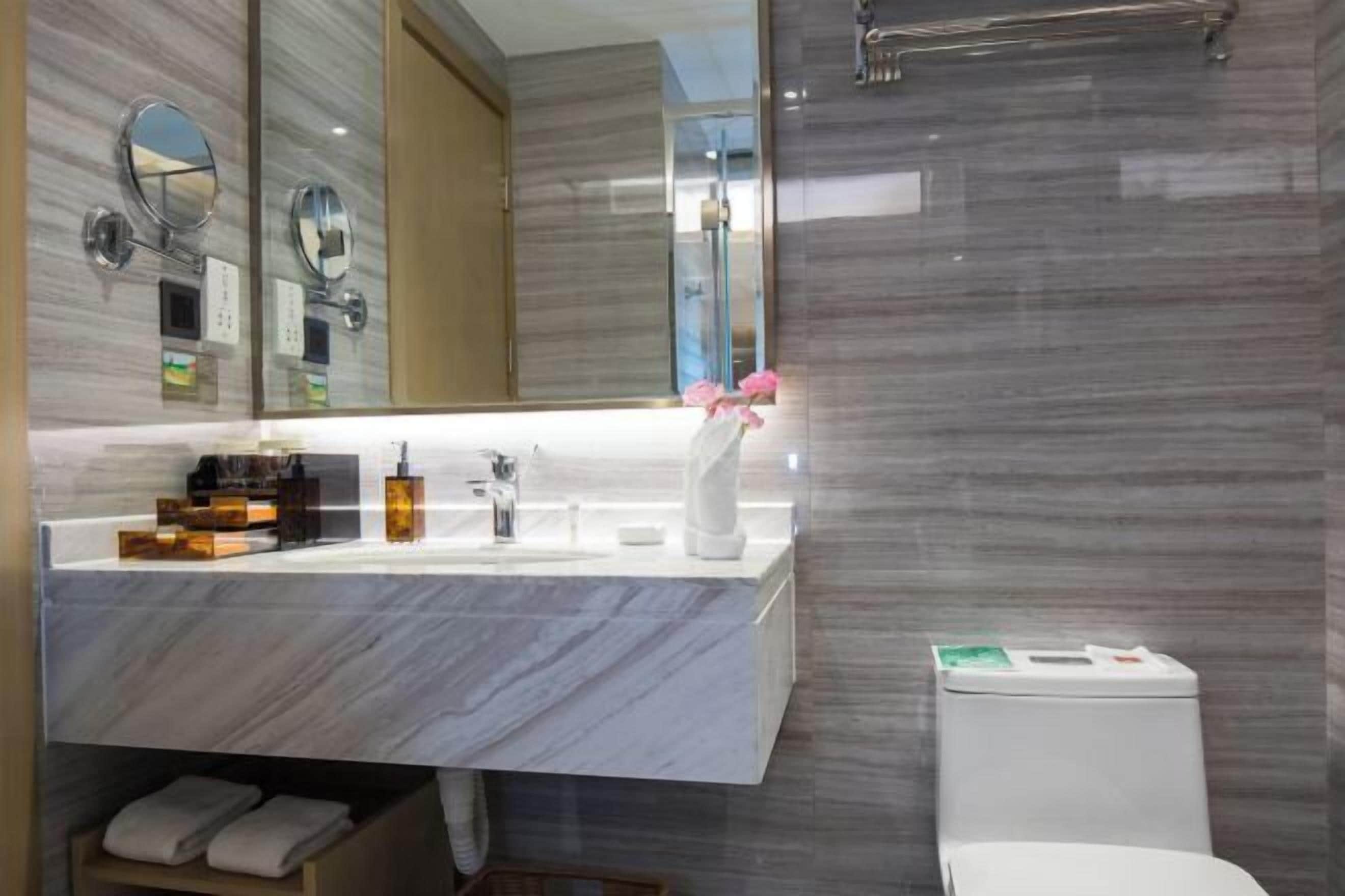 A modern bathroom with a marble vanity, a toilet, and a large mirror.