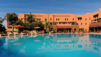 Outdoor pool, pool umbrellas, pool loungers