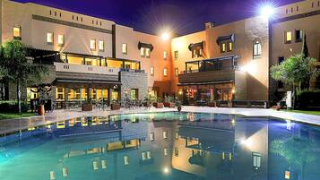 Outdoor pool, pool umbrellas, pool loungers